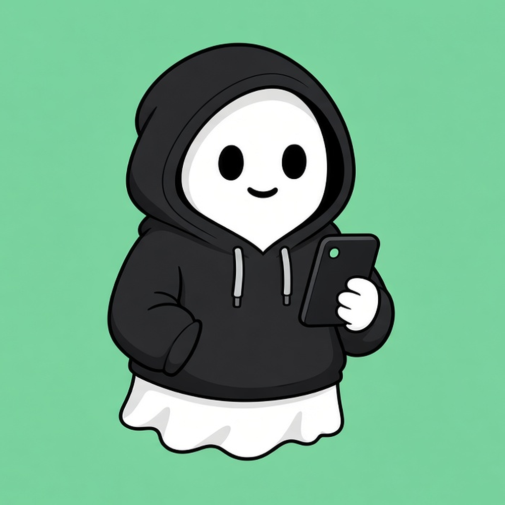 Local Ghost: a derpy sheet ghost in a black hoodie holding a phone